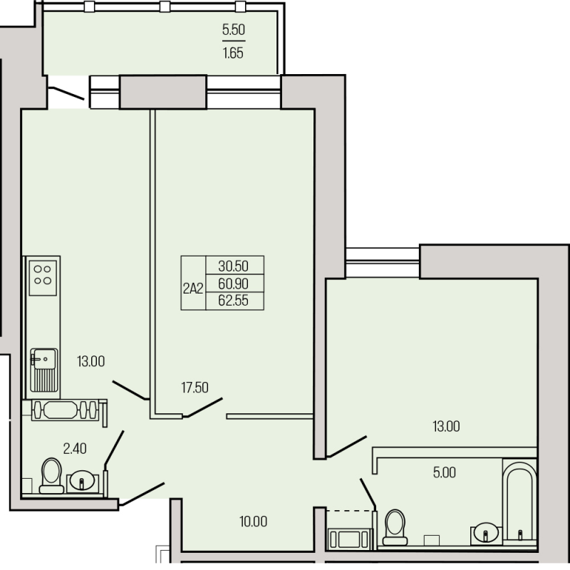 2-комнатная квартира, 62.55 м² в ЖК "Экос" - планировка, фото №1