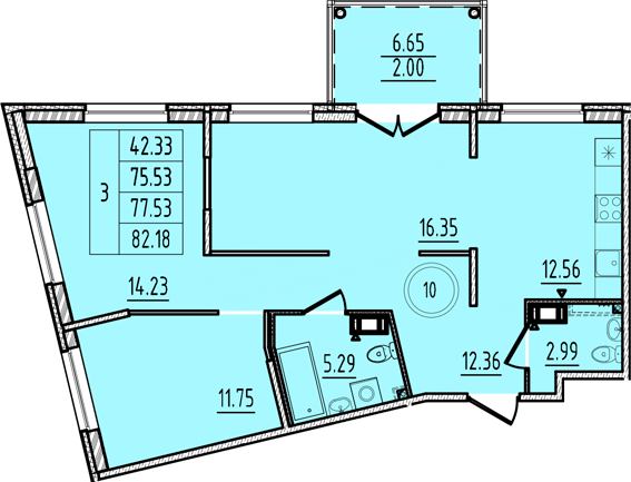3-комнатная (Евро) квартира, 75.53 м² в ЖК "Образцовый квартал 14" - планировка, фото №1