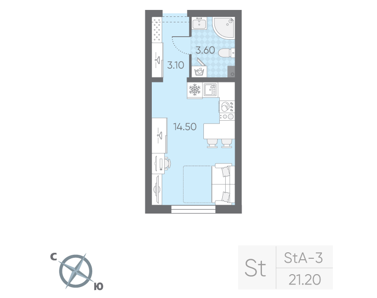 Квартира-студия, 21.2 м² в ЖК "Ручьи" - планировка, фото №1