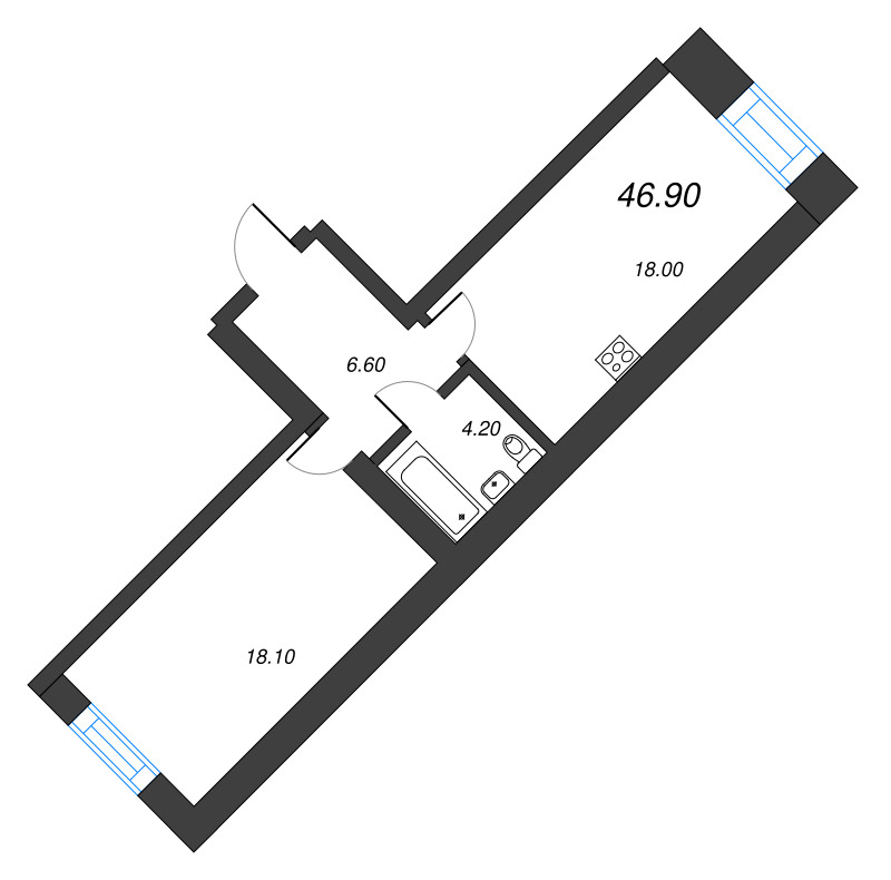 1-комнатная квартира, 46.9 м² в ЖК "Листва" - планировка, фото №1