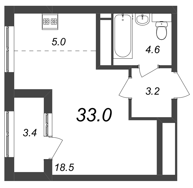 Квартира-студия, 32.9 м² - планировка, фото №1