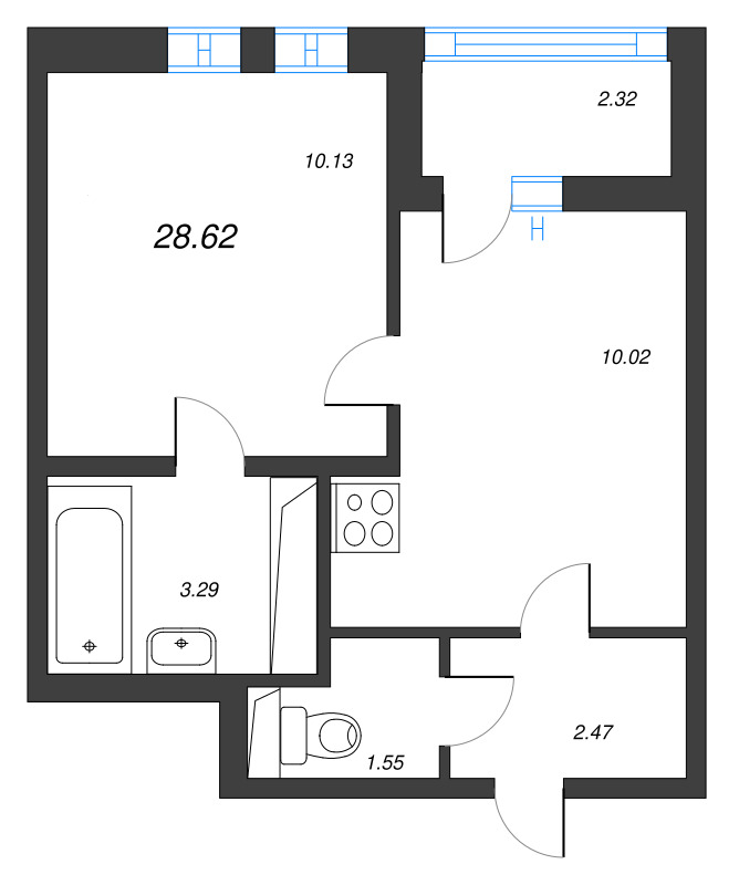 1-комнатная квартира, 28.62 м² - планировка, фото №1