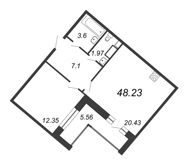 2-комнатная (Евро) квартира, 48.23 м² - планировка, фото №1