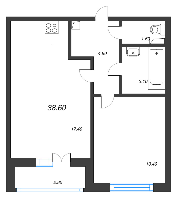 2-комнатная (Евро) квартира, 38.6 м² в ЖК "Аэросити" - планировка, фото №1