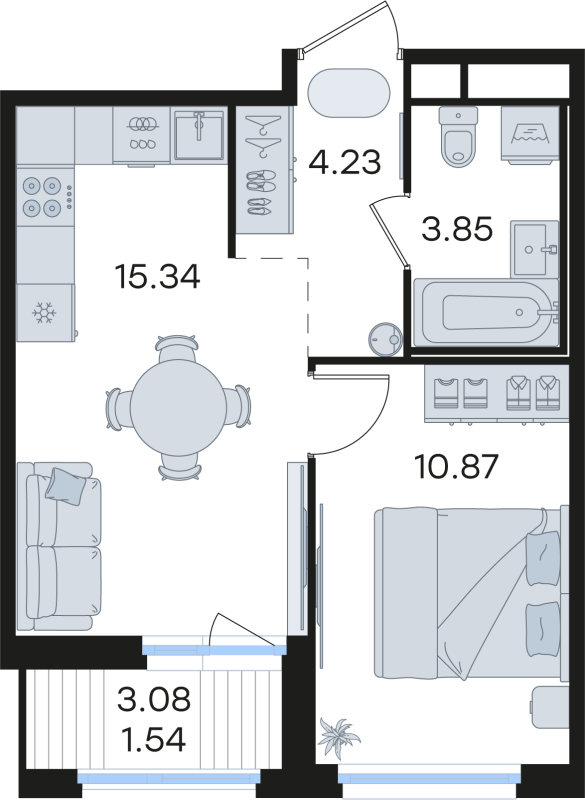 2-комнатная (Евро) квартира, 35.83 м² в ЖК "GloraX Парголово" - планировка, фото №1