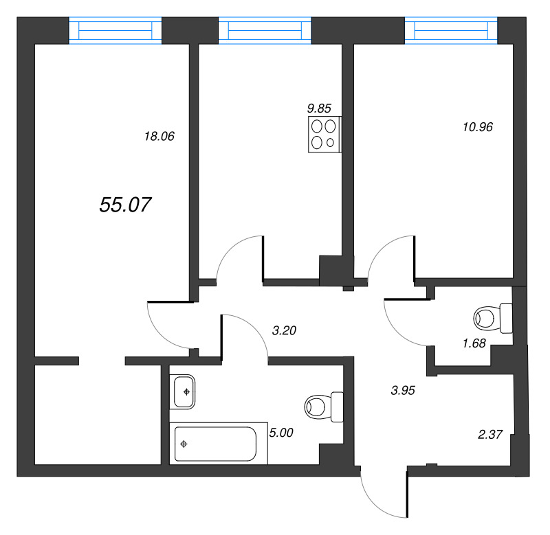 2-комнатная квартира, 55.07 м² в ЖК "Тишин" - планировка, фото №1