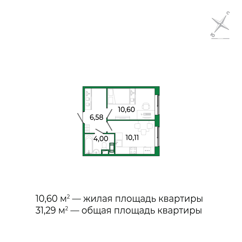 1-комнатная квартира, 31.29 м² - планировка, фото №1