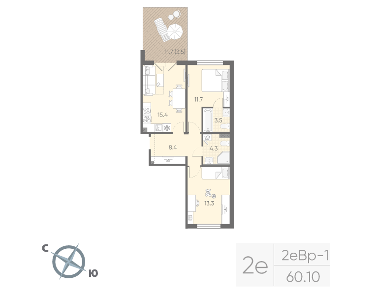 3-комнатная (Евро) квартира, 60.1 м² в ЖК "Пулково Lake" - планировка, фото №1