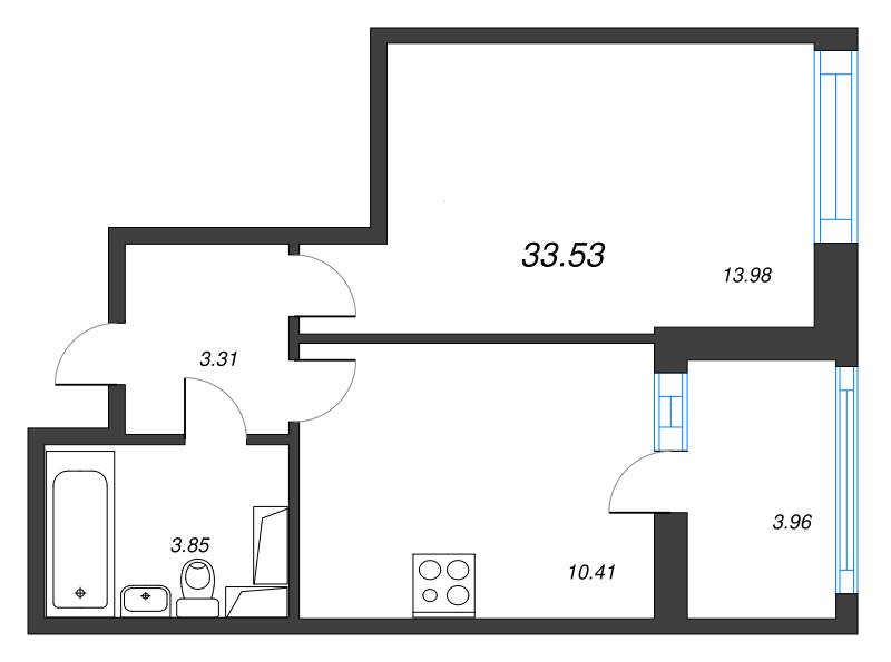 1-комнатная квартира, 33.53 м² в ЖК "Cube" - планировка, фото №1