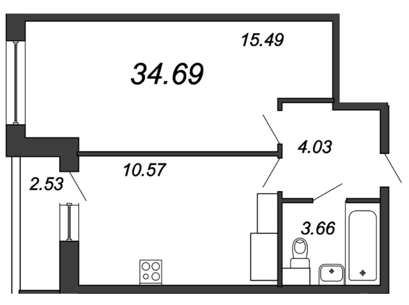 1-комнатная квартира, 34.69 м² - планировка, фото №1