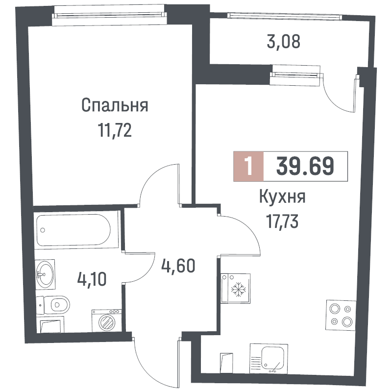 2-комнатная (Евро) квартира, 39.69 м² - планировка, фото №1