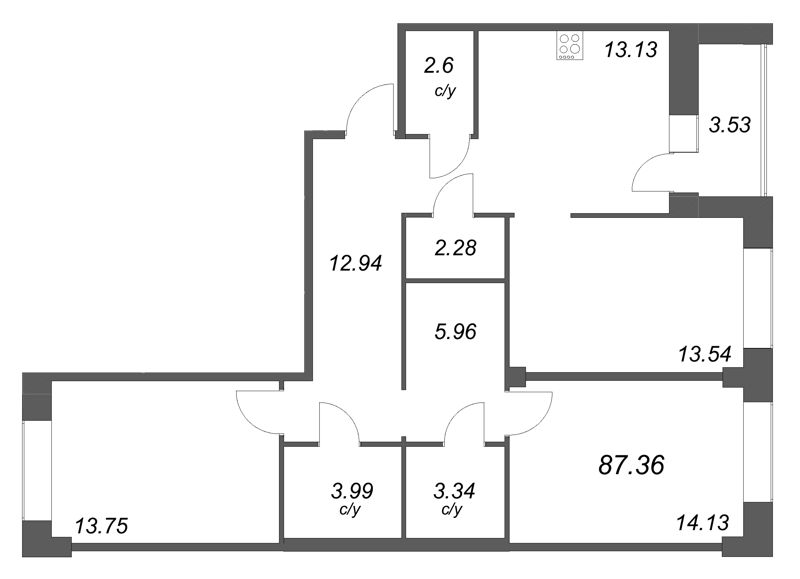 3-комнатная квартира, 87.36 м² в ЖК "Уютный" - планировка, фото №1