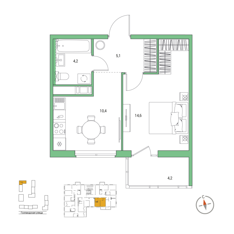 1-комнатная квартира, 35.6 м² в ЖК "Янила Форест" - планировка, фото №1