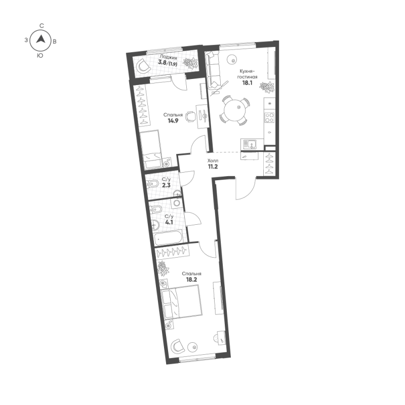 3-комнатная (Евро) квартира, 70.7 м² в ЖК "Ягодное Река Парк" - планировка, фото №1