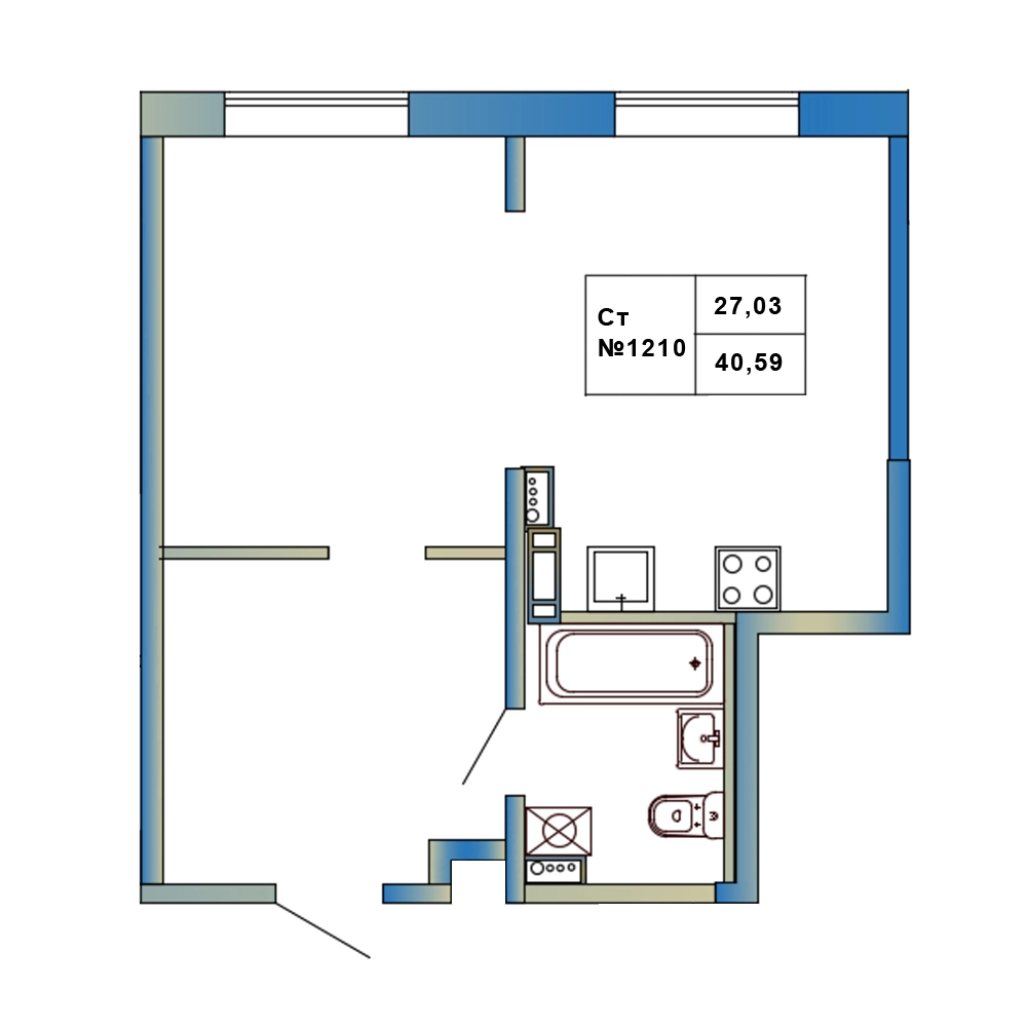 Квартира-студия, 40.59 м² в ЖК "Атмосфера Выборга" - планировка, фото №1