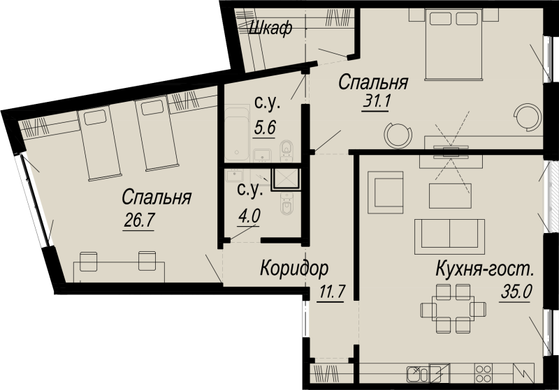 2-комнатная квартира, 116.18 м² - планировка, фото №1