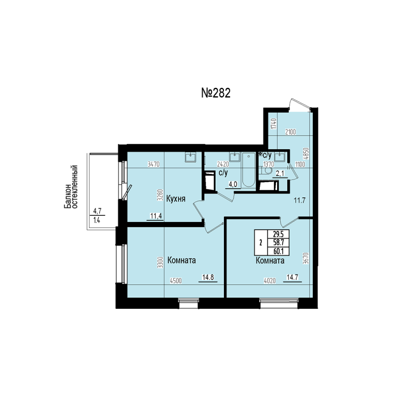 2-комнатная квартира, 60.1 м² в ЖК "ПРАГМА СИТИ" - планировка, фото №1