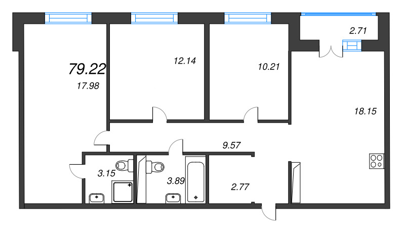 4-комнатная (Евро) квартира, 79.22 м² в ЖК "Арт Парк" - планировка, фото №1