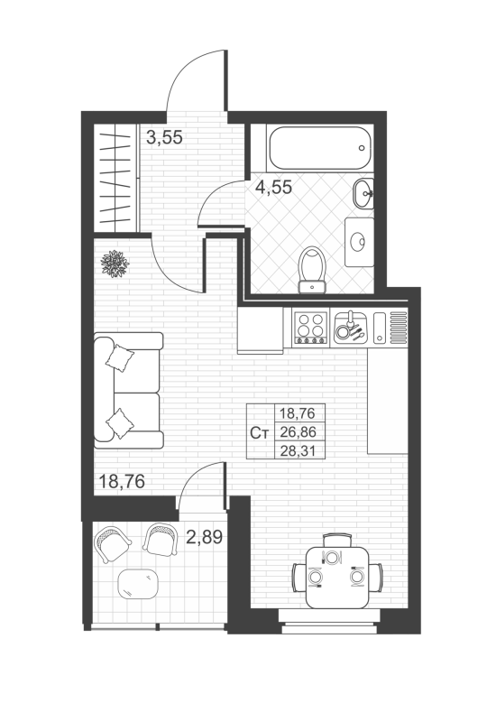 Квартира-студия, 28.31 м² - планировка, фото №1