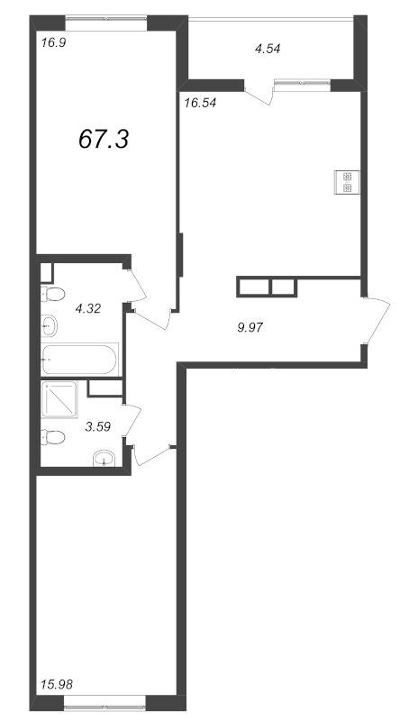 3-комнатная (Евро) квартира, 67.3 м² - планировка, фото №1