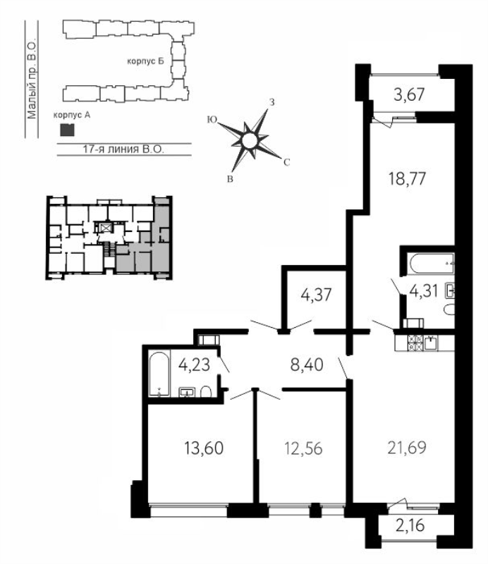 4-комнатная (Евро) квартира, 89.68 м² в ЖК "17-я линия" - планировка, фото №1