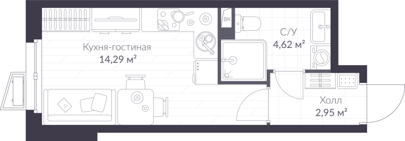 Квартира-студия, 21.86 м² - планировка, фото №1