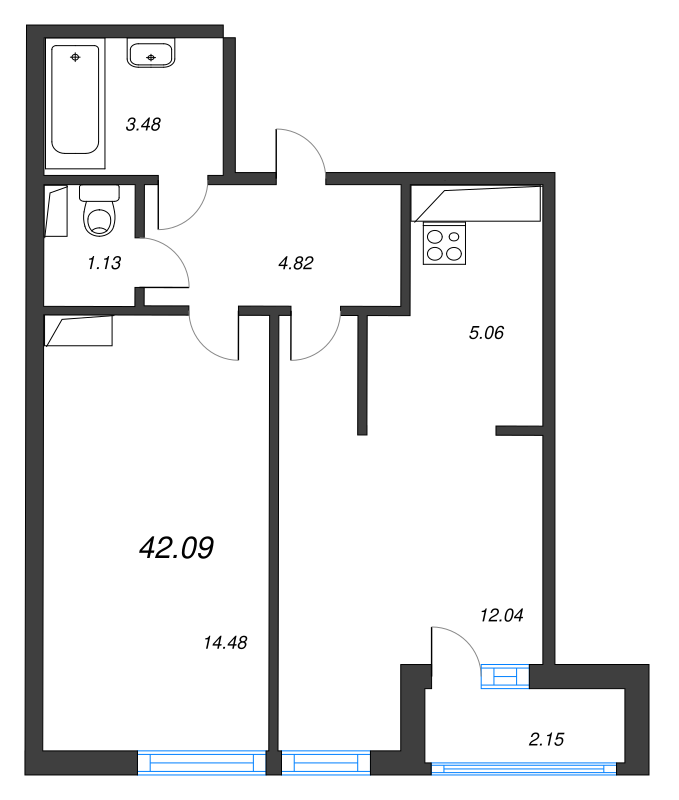2-комнатная (Евро) квартира, 43 м² в ЖК "AEROCITY" - планировка, фото №1