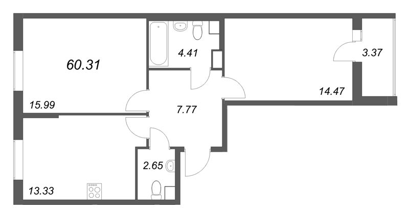 2-комнатная квартира, 60.31 м² в ЖК "Кинопарк" - планировка, фото №1