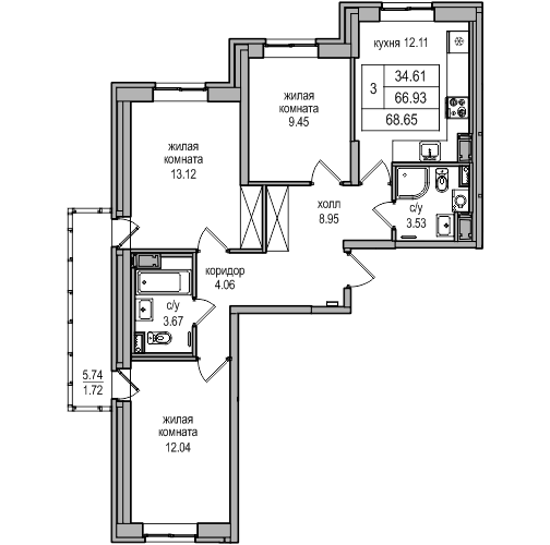 3-комнатная квартира, 68.3 м² в ЖК "Северная Долина" - планировка, фото №1