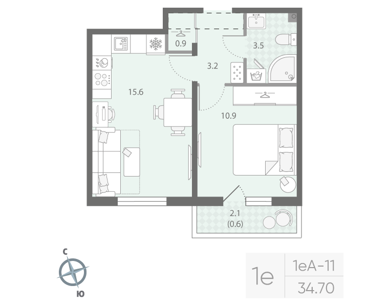 1-комнатная квартира, 34.7 м² в ЖК "Дыбенко Парк" - планировка, фото №1