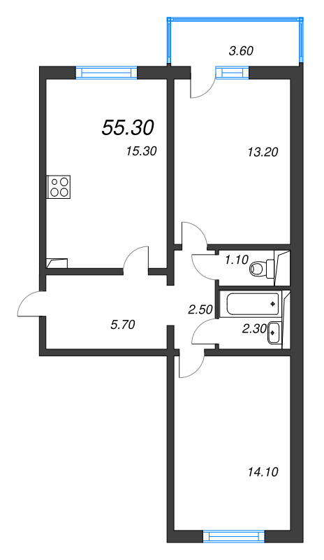 3-комнатная (Евро) квартира, 55.3 м² в ЖК "Цветной город" - планировка, фото №1