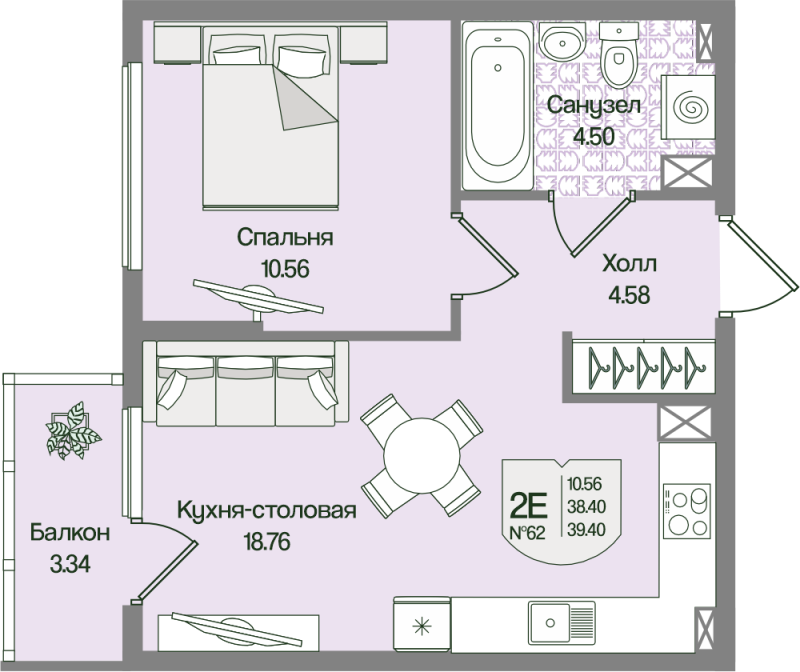 2-комнатная (Евро) квартира, 39.4 м² в ЖК "Охтинские высоты" - планировка, фото №1