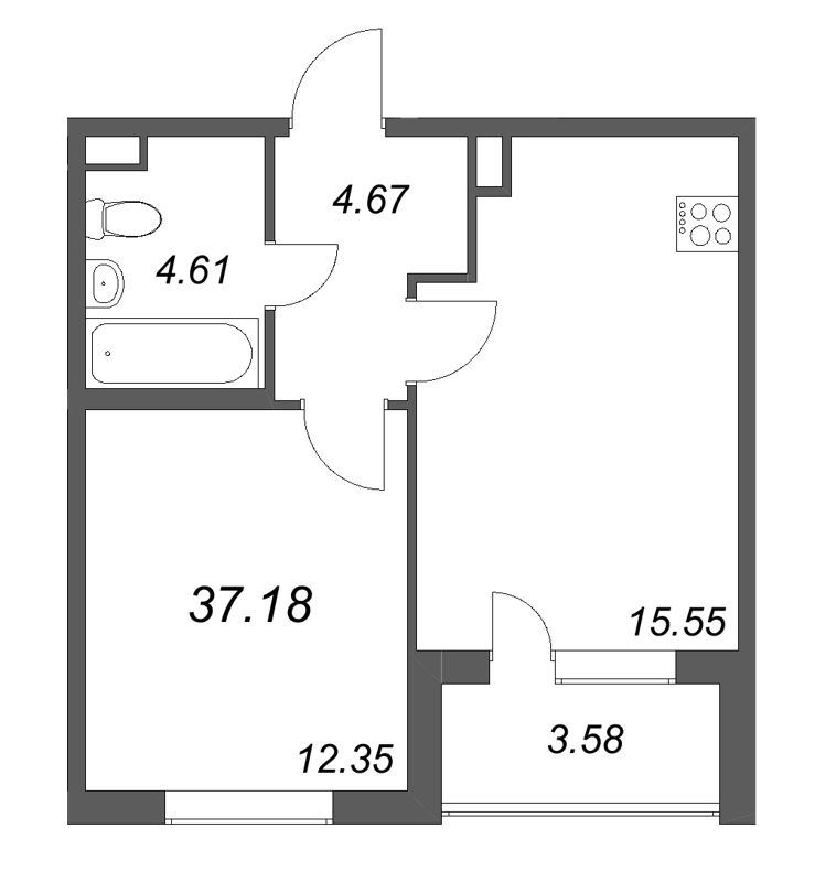 2-комнатная (Евро) квартира, 37.18 м² в ЖК "ЮгТаун" - планировка, фото №1