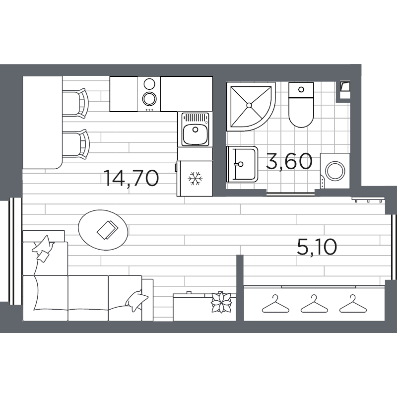 Квартира-студия, 23.4 м² в ЖК "PLUS Пулковский" - планировка, фото №1