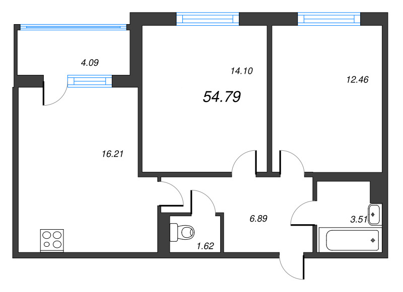3-комнатная (Евро) квартира, 54.79 м² в ЖК "ЮгТаун" - планировка, фото №1
