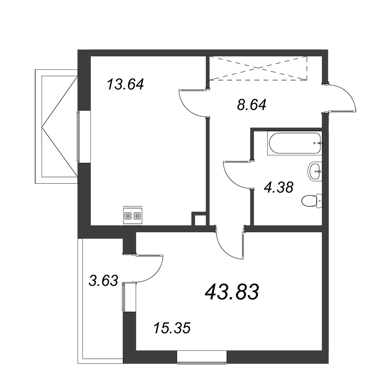 1-комнатная квартира, 43.83 м² в ЖК "IQ Гатчина" - планировка, фото №1