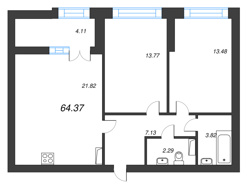 3-комнатная (Евро) квартира, 68.8 м² в ЖК "Наука" - планировка, фото №1