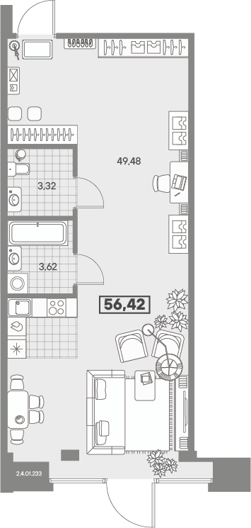 1-комнатная квартира, 56.42 м² в ЖК "Avant" - планировка, фото №1