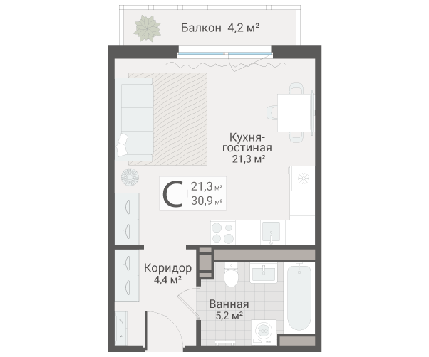 Квартира-студия, 30.9 м² в ЖК "Руднева 15" - планировка, фото №1