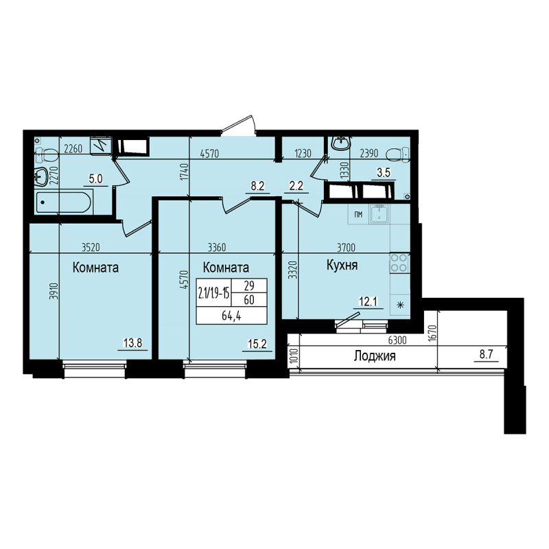 2-комнатная квартира, 64.4 м² - планировка, фото №1