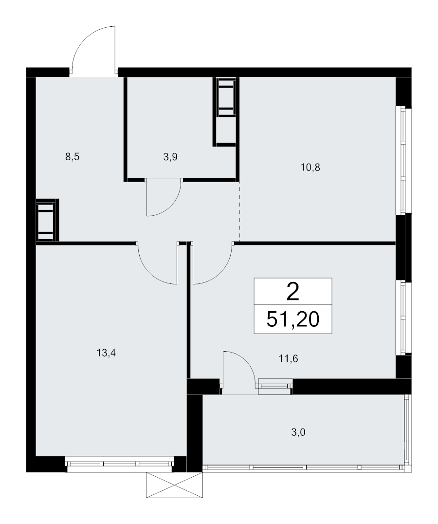 2-комнатная квартира, 51.2 м² - планировка, фото №1