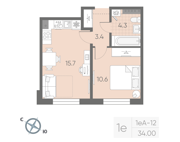 1-комнатная квартира, 34 м² в ЖК "Пулково Lake" - планировка, фото №1