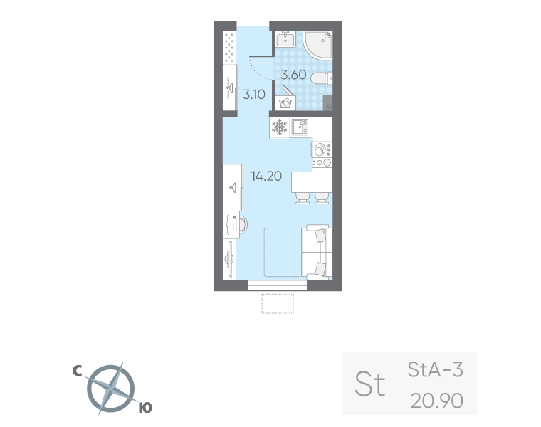 Квартира-студия, 20.9 м² в ЖК "Ручьи" - планировка, фото №1