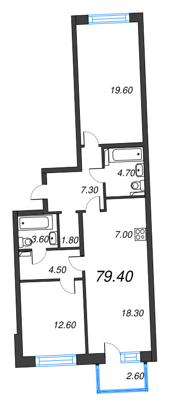 3-комнатная (Евро) квартира, 79.4 м² в ЖК "Цвет Зеленогорска" - планировка, фото №1