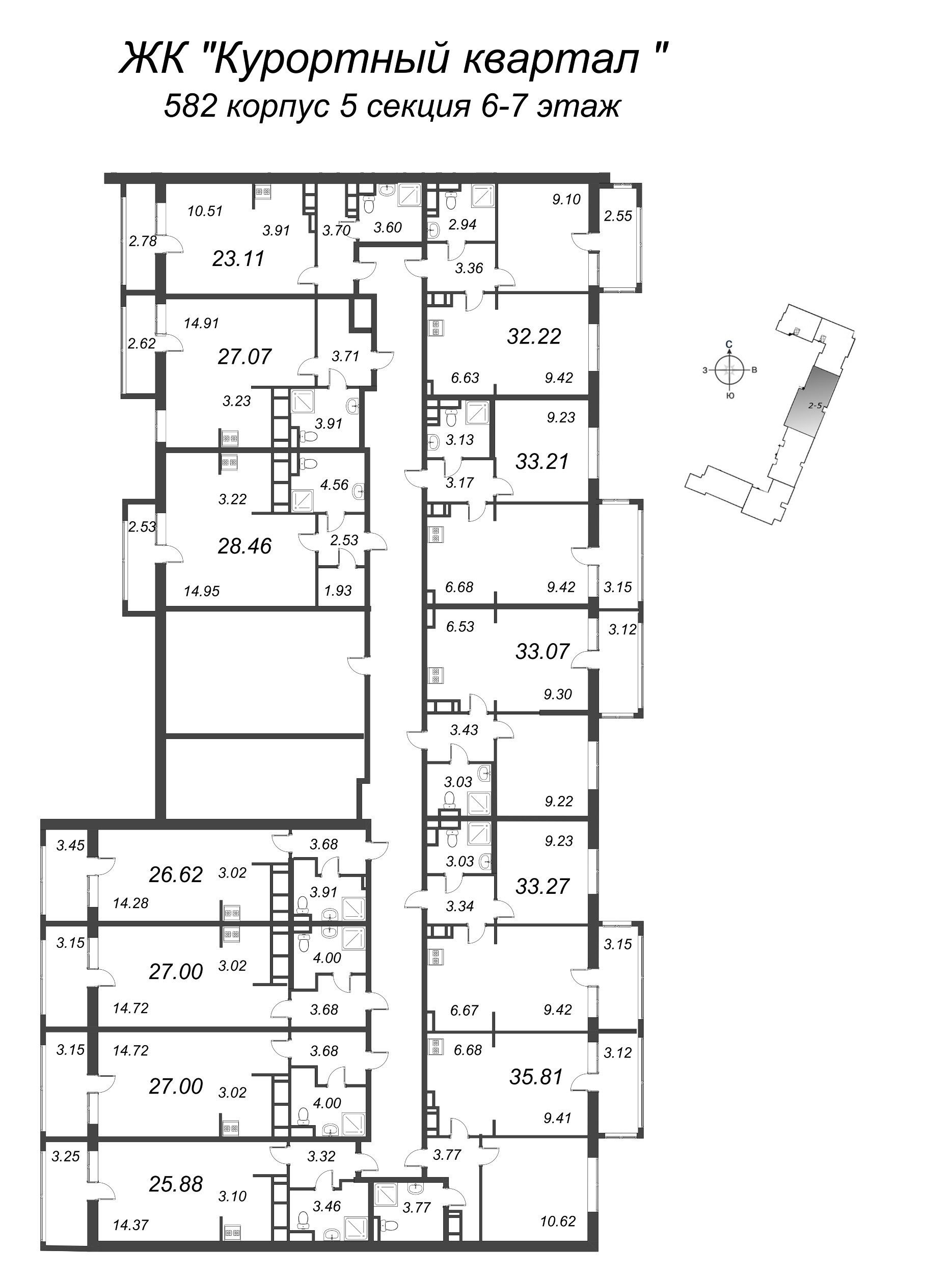 2-комнатная (Евро) квартира, 33.21 м² - планировка этажа