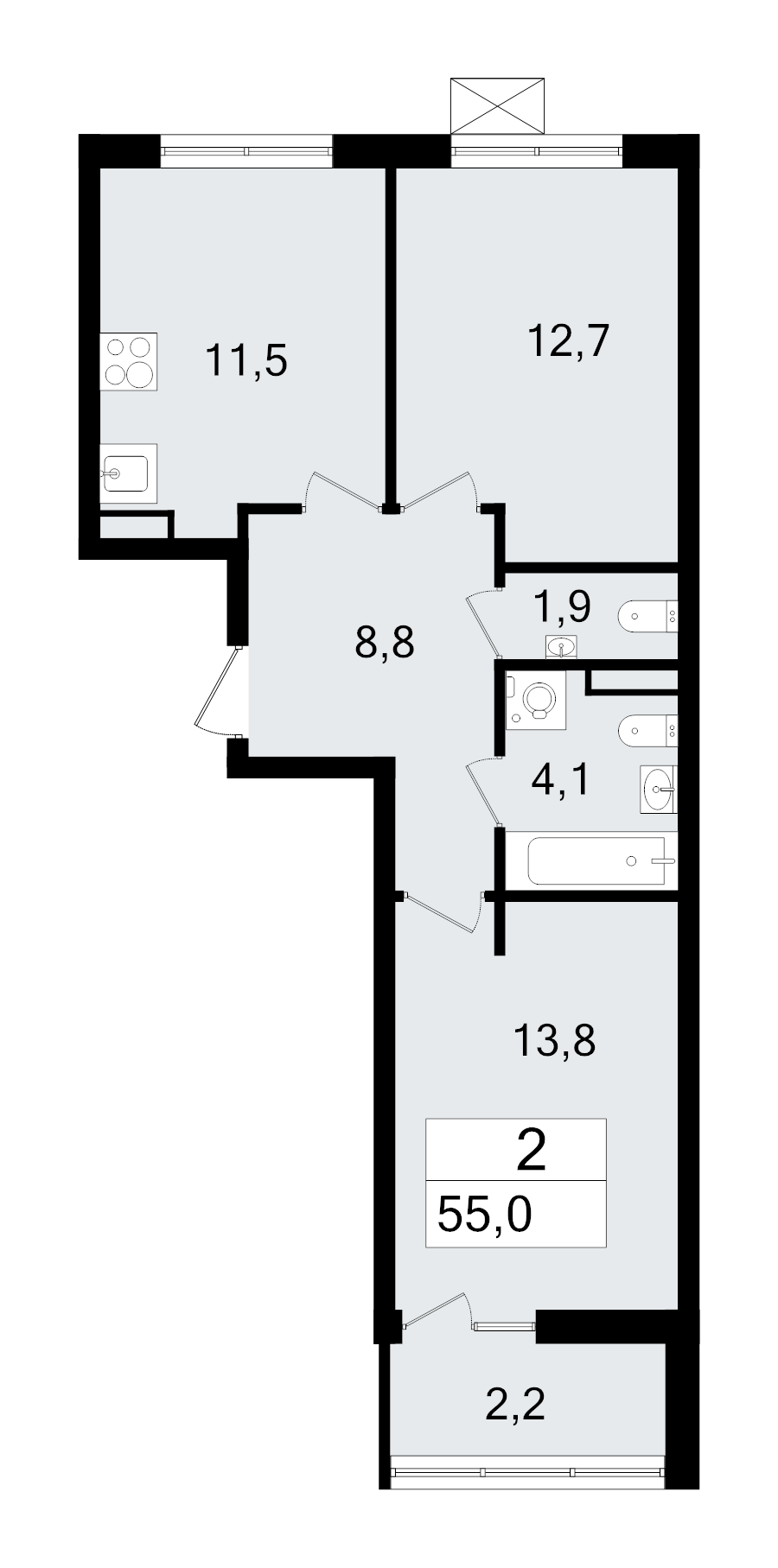 2-комнатная квартира, 55 м² - планировка, фото №1