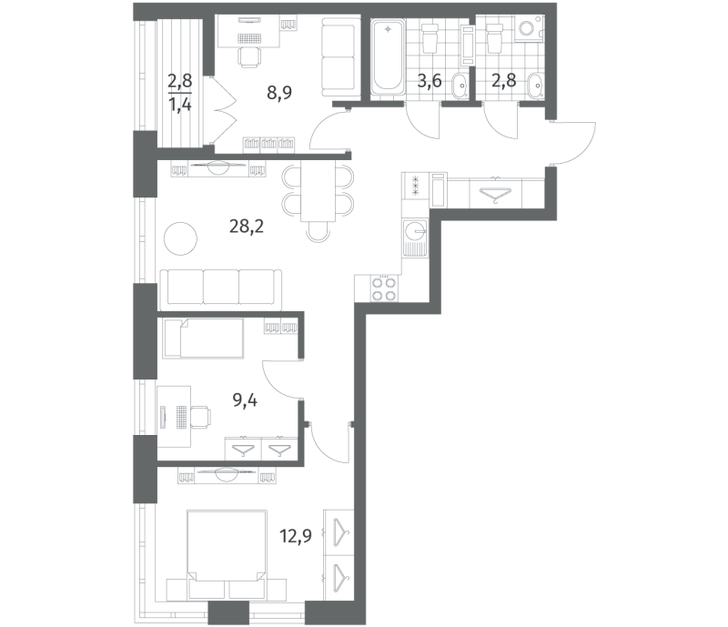 3-комнатная квартира, 67.25 м² в ЖК "NewПитер 2.0" - планировка, фото №1