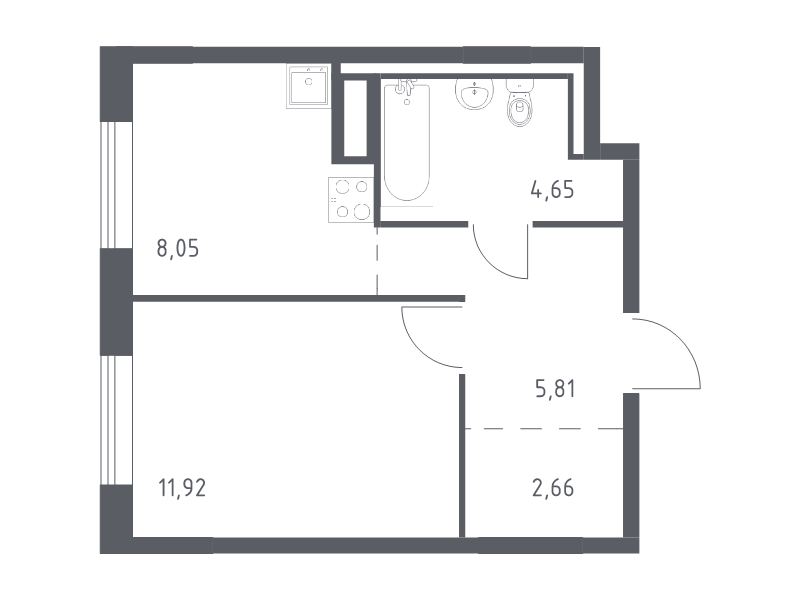 1-комнатная квартира, 33.09 м² - планировка, фото №1