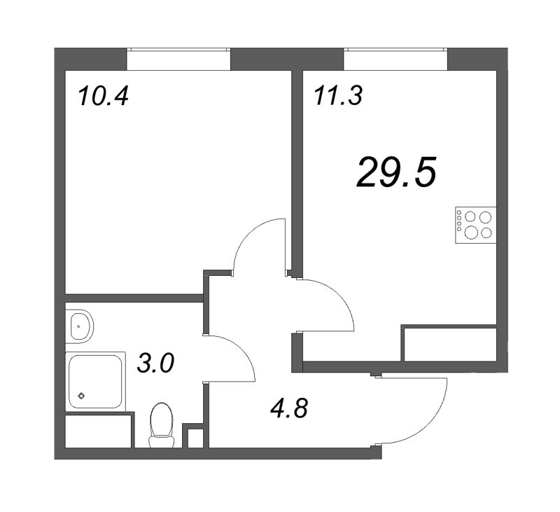 1-комнатная квартира, 29.5 м² - планировка, фото №1