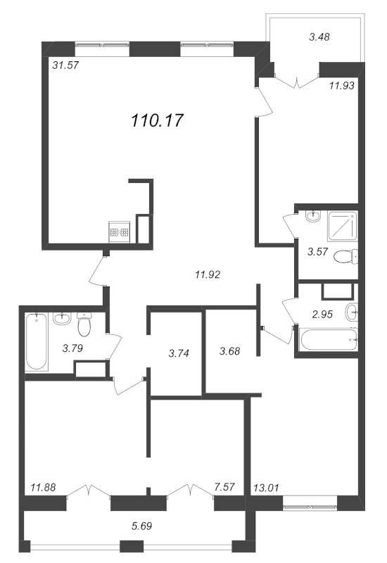 5-комнатная (Евро) квартира, 110.17 м² - планировка, фото №1